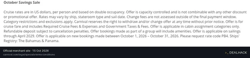 Screenshot of Carnival Cruise Line's website on Oct 15, 2026 showing the "Get Promotional Fares on Select Carnival Cruises" offer