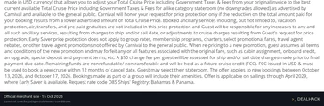 Screenshot of Carnival Cruise Line's website on Oct 15, 2026 showing the "Save Up to 40% on Carnival Early Saver Cruises" offer