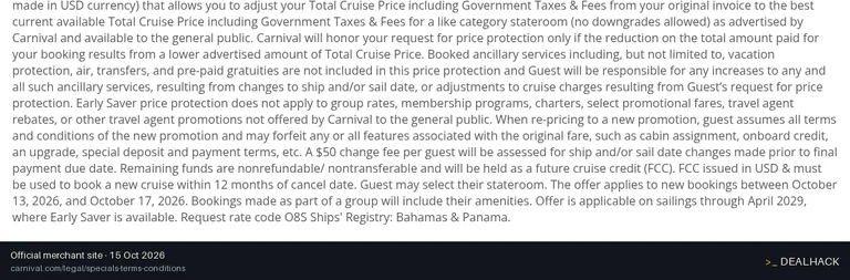 Screenshot of Carnival Cruise Line's website on Oct 15, 2026 showing the "Save Up to 40% on Carnival Early Saver Cruises" offer