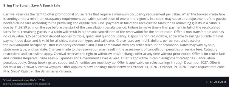 Screenshot of Carnival Cruise Line's website on Oct 15, 2026 showing the "Save Up to $125 per Room on Carnival Cruises" offer