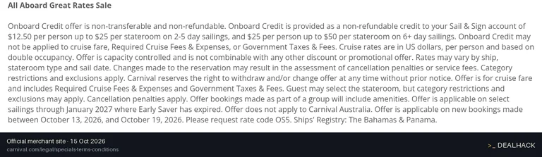 Screenshot of Carnival Cruise Line's website on Oct 15, 2026 showing the "Save Up to 40% on Carnival Cruises Plus Onboard Credit" offer
