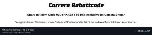 Screenshot of Carrera's website on Oct 16, 2026 showing the "Save 10% on Your Carrera Toys Order" offer