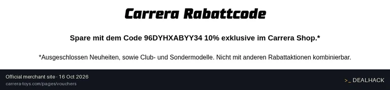 Screenshot of Carrera's website on Oct 16, 2026 showing the "Save 10% on Your Carrera Toys Order" offer