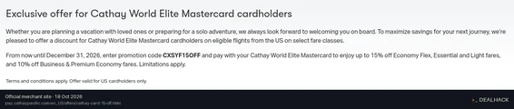 Screenshot of Cathay Pacific's website on Oct 18, 2026 showing the "Save Up to 15% With a Cathay World Elite Mastercard" offer