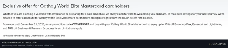 Screenshot of Cathay Pacific's website on Oct 18, 2026 showing the "Save Up to 15% With a Cathay World Elite Mastercard" offer