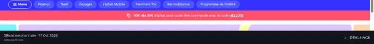 Screenshot of Cdiscount's website on Oct 17, 2026 showing the "Get €10 Off Your First €50+ Cdiscount Order" offer