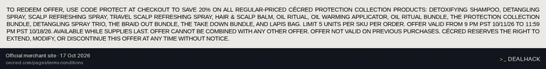Screenshot of Cécred's website on Oct 17, 2026 showing the "Save 20% on Cécred Protection Products" offer