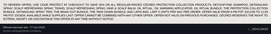 Screenshot of Cécred's website on Oct 17, 2026 showing the "Save 20% on Cécred Protection Products" offer