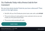 Screenshot of Chatbooks's website on Oct 17, 2026 showing the "20% Off First Photo Book Order for New Customers" offer