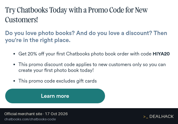 Screenshot of Chatbooks's website on Oct 17, 2026 showing the "20% Off First Photo Book Order for New Customers" offer