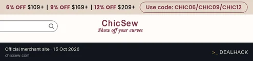 Screenshot of ChicSew's website on Oct 15, 2026 showing the "Tiered Discount: 6% Off Orders $109+" offer