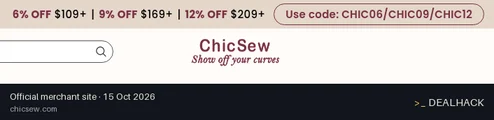Screenshot of ChicSew's website on Oct 15, 2026 showing the "Tiered Discount: 9% Off Orders $169+" offer