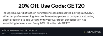 Screenshot of Club 21's website on Oct 18, 2026 showing the "Save 20% on Featured Collection Items" offer