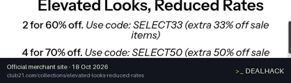 Screenshot of Club 21's website on Oct 18, 2026 showing the "Save an Extra 33% on Eligible Sale Items" offer
