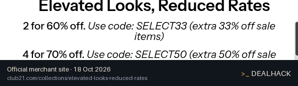 Screenshot of Club 21's website on Oct 18, 2026 showing the "Save an Extra 33% on Eligible Sale Items" offer