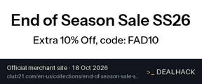 Screenshot of Club 21's website on Oct 18, 2026 showing the "Get an Extra 10% Off End of Season Sale Items" offer