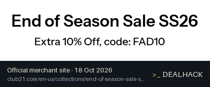 Screenshot of Club 21's website on Oct 18, 2026 showing the "Get an Extra 10% Off End of Season Sale Items" offer