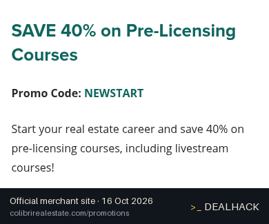 Screenshot of Colibri Real Estate's website on Oct 16, 2026 showing the "Save 40% on Pre-Licensing Course Packages" offer
