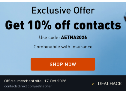 Screenshot of ContactsDirect's website on Oct 17, 2026 showing the "10% Off Contacts for Aetna Vision Preferred Members" offer