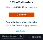 Screenshot of ContactsDirect's website on Oct 17, 2026 showing the "Get 15% Off All Orders & Free Shipping" offer