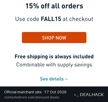 Screenshot of ContactsDirect's website on Oct 17, 2026 showing the "Get 15% Off All Orders & Free Shipping" offer