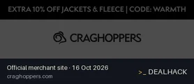 Screenshot of Craghoppers's website on Oct 16, 2026 showing the "Save 10% on Jackets and Fleece" offer