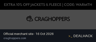 Screenshot of Craghoppers's website on Oct 16, 2026 showing the "Save 10% on Jackets and Fleece" offer