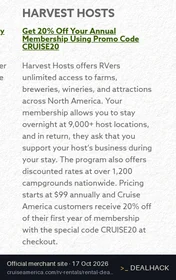 Screenshot of Cruise America's website on Oct 17, 2026 showing the "Save 20% Off Harvest Hosts Membership" offer