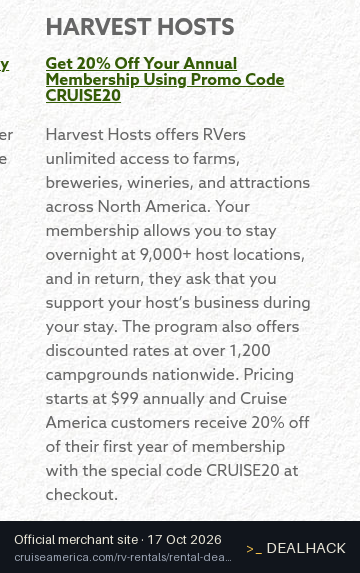 Screenshot of Cruise America's website on Oct 17, 2026 showing the "Save 20% Off Harvest Hosts Membership" offer