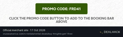 Screenshot of Cruise America's website on Oct 17, 2026 showing the "Buy 4 Nights, Get 1 Free" offer