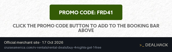 Screenshot of Cruise America's website on Oct 17, 2026 showing the "Buy 4 Nights, Get 1 Free" offer