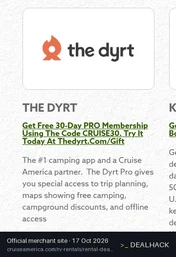 Screenshot of Cruise America's website on Oct 17, 2026 showing the "Get Free 30-Day PRO Membership at The Dyrt" offer