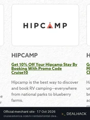 Screenshot of Cruise America's website on Oct 17, 2026 showing the "Get 10% Off Hipcamp Stays With Cruise America" offer