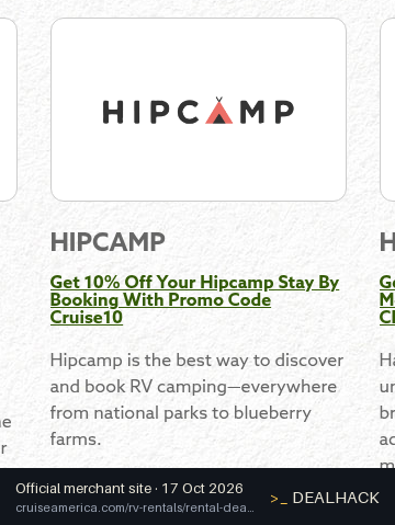 Screenshot of Cruise America's website on Oct 17, 2026 showing the "Get 10% Off Hipcamp Stays With Cruise America" offer