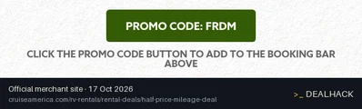 Screenshot of Cruise America's website on Oct 17, 2026 showing the "Save 50% on RV Mileage Charges" offer