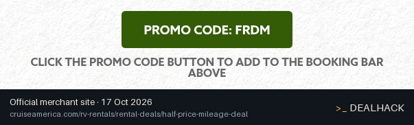 Screenshot of Cruise America's website on Oct 17, 2026 showing the "Save 50% on RV Mileage Charges" offer