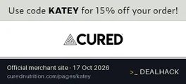 Screenshot of Cured Nutrition's website on Oct 17, 2026 showing the "Get 15% Off Cured Nutrition Orders With Katey" offer