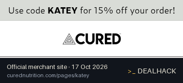 Screenshot of Cured Nutrition's website on Oct 17, 2026 showing the "Get 15% Off Cured Nutrition Orders With Katey" offer
