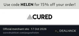 Screenshot of Cured Nutrition's website on Oct 17, 2026 showing the "Save 15% on Cured Nutrition Orders With Helen" offer