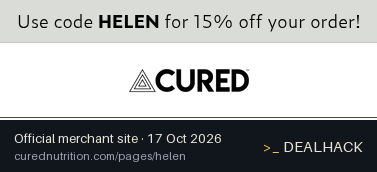 Screenshot of Cured Nutrition's website on Oct 17, 2026 showing the "Save 15% on Cured Nutrition Orders With Helen" offer