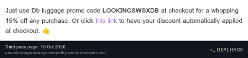 Screenshot of wearelookingsideways.com listing a Db coupon on Oct 19, 2026 showing the "Get 15% Off Db Journey Sitewide" offer
