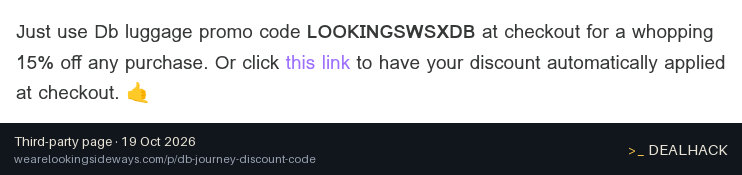 Screenshot of wearelookingsideways.com listing a Db coupon on Oct 19, 2026 showing the "Get 15% Off Db Journey Sitewide" offer
