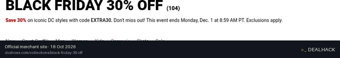 Screenshot of DC Shoes's website on Oct 18, 2026 showing the "Save 30% on Iconic DC Styles" offer