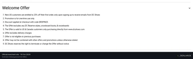 Screenshot of DC Shoes's website on Oct 18, 2026 showing the "25% Off First Order for New DC Shoes Email Subscribers" offer
