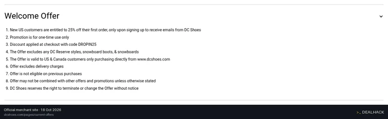 Screenshot of DC Shoes's website on Oct 18, 2026 showing the "25% Off First Order for New DC Shoes Email Subscribers" offer