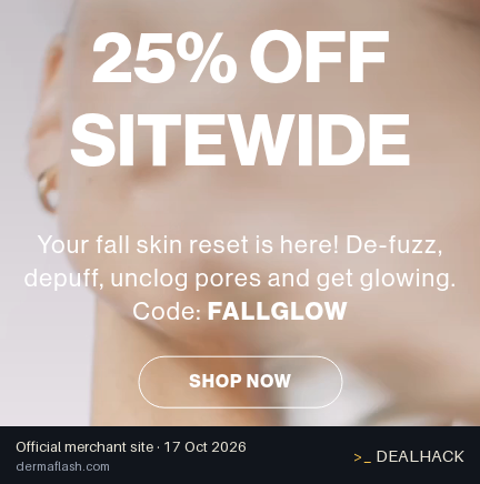 Screenshot of DERMAFLASH's website on Oct 17, 2026 showing the "Get 25% Off Sitewide at Dermaflash" offer