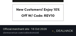 Screenshot of DermAvenue's website on Oct 16, 2026 showing the "Save 10% on Revision Skincare for New Customers" offer