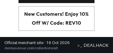 Screenshot of DermAvenue's website on Oct 16, 2026 showing the "Save 10% on Revision Skincare for New Customers" offer