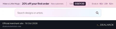 Screenshot of Diamond Art Club's website on Oct 16, 2026 showing the "Get 20% Off Your First Order at Diamond Art Club" offer