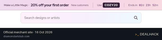 Screenshot of Diamond Art Club's website on Oct 16, 2026 showing the "Get 20% Off Your First Order at Diamond Art Club" offer